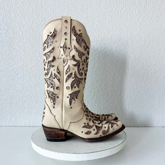 NEW Lane Womens Cowboy Boots 6 Tan Gold Western Cowgirl Mid Calf Pointed Toe - Picture 3 of 14